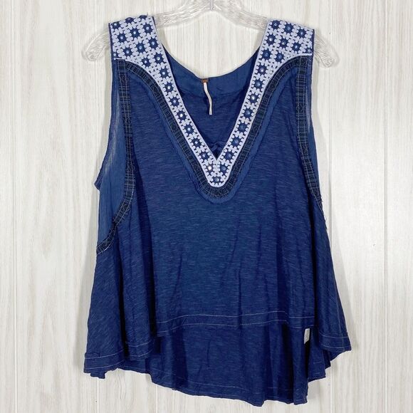 Free People Tops - Free People | Blue Embroidered V Neck Sleeveless Top Size Small